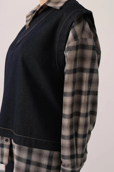 Kadın Denim İkili Takım V Yaka Kot Yelek ve Yüksek Bel Geniş Paça Pantolon Kot Takım - Resim 6