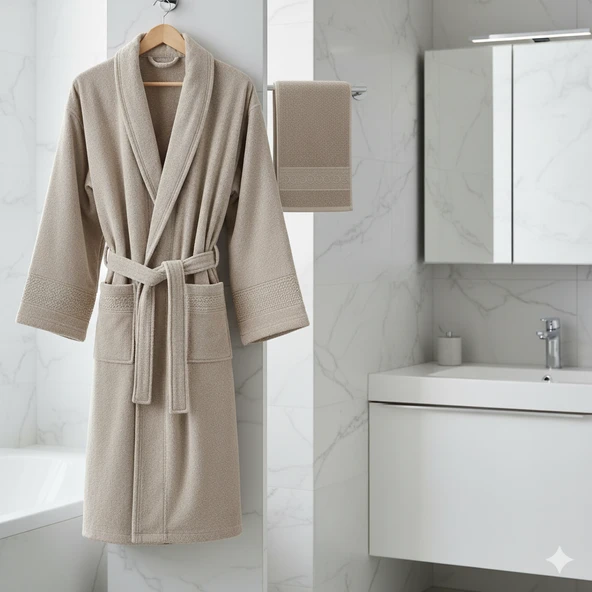 BELİNİS %100 PAMUK BORNOZ SET.1 ADET BORNOZ 1 ADET HAVLU RENK BEJ
