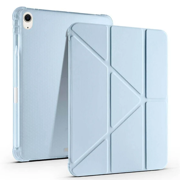 Apple iPad Air 10.9'' 2022/2020 Uyumlu Üçgen Katlanabilir Kalem Şarj Bölmeli Standlı Kılıf  Mavi ürün görseli 1