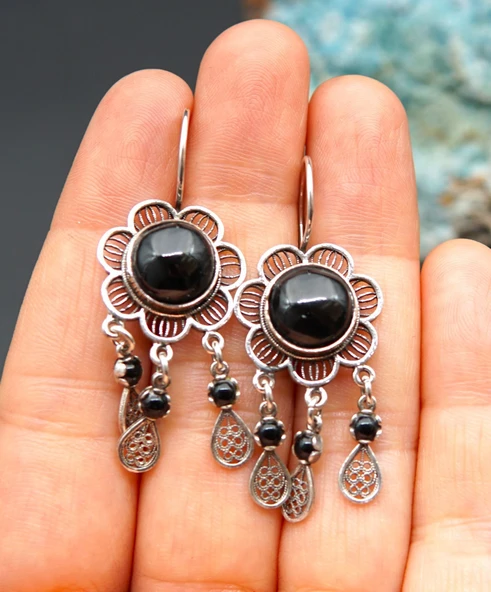 925 Ayar Gümüş Oltu Taşı Kadın Küpe skü00044 - Resim 2