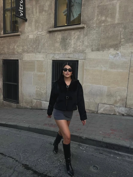 KAPŞONLU KEMER DÜĞMELİ KAŞE CEKET - 6