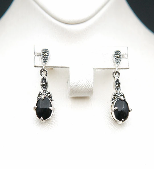 925 Ayar Gümüş Oltu Taşı Kadın Küpe skü00040 - Resim 3