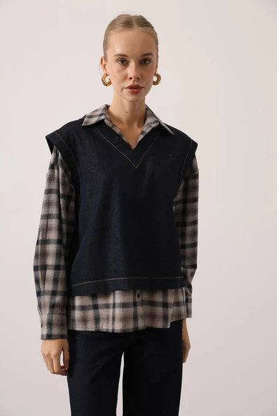 Kadın Denim İkili Takım V Yaka Kot Yelek ve Yüksek Bel Geniş Paça Pantolon Kot Takım ürün görseli 1