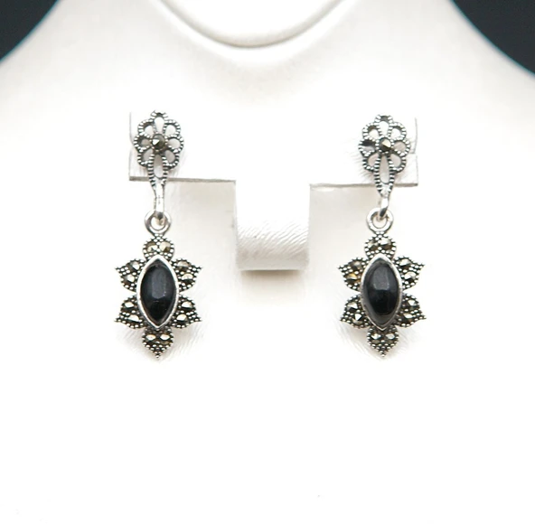 925 Ayar Gümüş Oltu Taşı Kadın Küpe skü00038 - Resim 3