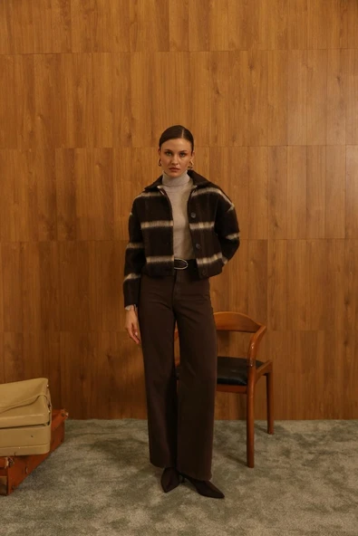 Kadın Çizgili Örme Triko Hırka Ceket Düğmeli Kışlık Kalın Badi Ceket - 7