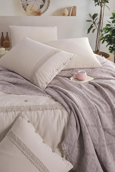 Grace 7 Parça %100 Pamuk Çift Kişilik Pikeli Nevresim Takımı Bej - Resim 2