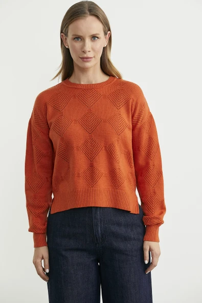 Renge Renk Motifli Triko Kazak - Oranj - Resim 2