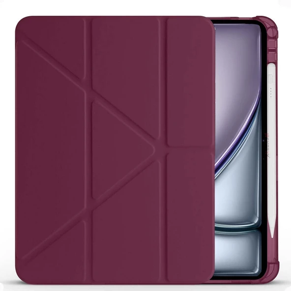 Apple iPad Air 11'' M3 2025/M2 2024 Uyumlu Üçgen Katlanabilir Kalem Şarj Bölmeli Standlı Kılıf  Mürdüm - Resim 3