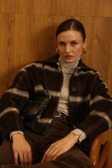 Kadın  Çizgili Örme Triko Hırka Ceket Düğmeli Kışlık Kalın Badi Ceket - 5