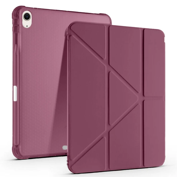 Apple iPad Air 11'' M3 2025/M2 2024 Uyumlu Üçgen Katlanabilir Kalem Şarj Bölmeli Standlı Kılıf  Mürdüm ürün görseli