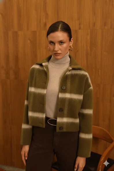 Kadın  Çizgili Örme Triko Hırka Ceket Düğmeli Kışlık Kalın Badi Ceket - 3