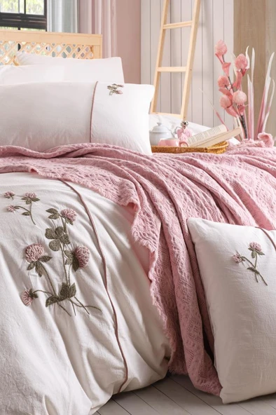 Vera 7 Parça %100 Pamuk Çift Kişilik Pikeli Nevresim Takımı Pudra - Resim 2