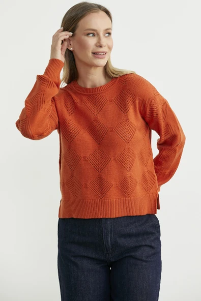 Renge Renk Motifli Triko Kazak - Oranj - Resim 3