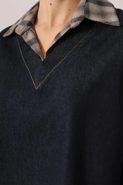 Kadın Denim İkili Takım V Yaka Kot Yelek ve Yüksek Bel Geniş Paça Pantolon Kot Takım - Resim 4