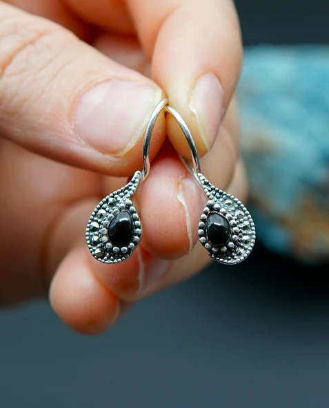 925 Ayar Gümüş Oltu Taşı Kadın Küpe skü00045 - Resim 2