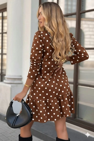 MDB Kadın Uzun Kollu Bisiklet Yaka Fırfırlı Puantiyeli Kısa Modal Elbise - Resim 4