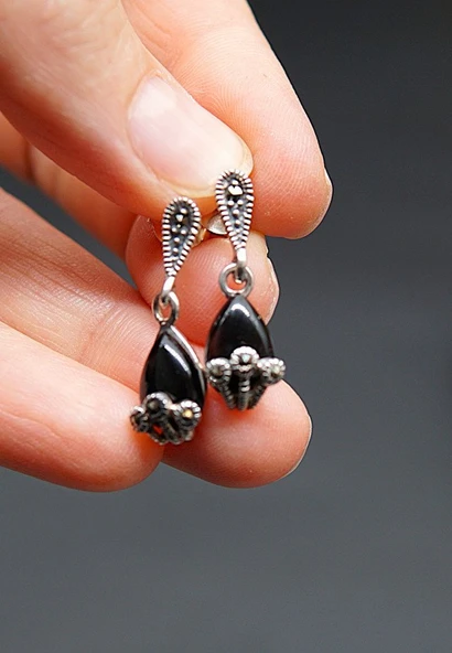 925 Ayar Gümüş Oltu Taşı Kadın Küpe skü00039 ürün görseli 1