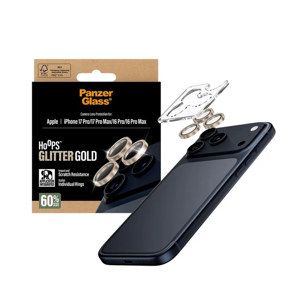 Panzerglass Apple 16 Pro Max Hoops Glitter Simli Gold Kamera Lens Koruyucu (Hizalama Aparatlı) - Resim 4