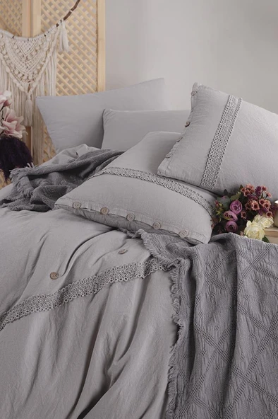 Grace 7 Parça %100 Pamuk Çift Kişilik Pikeli Nevresim Takımı Gri - Resim 2