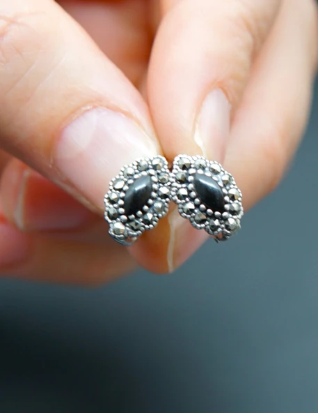 925 Ayar Gümüş Oltu Taşı Kadın Küpe skü00036 ürün görseli 1