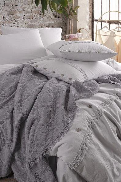 Grace 7 Parça %100 Pamuk Çift Kişilik Pikeli Nevresim Takımı Taş - Resim 2