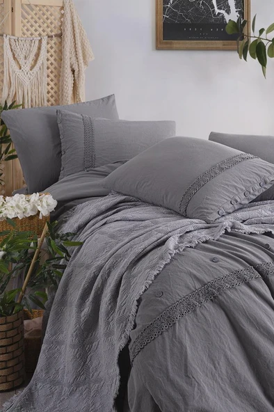 Grace 7 Parça %100 Pamuk Çift Kişilik Pikeli Nevresim Takımı Antrasit - Resim 3