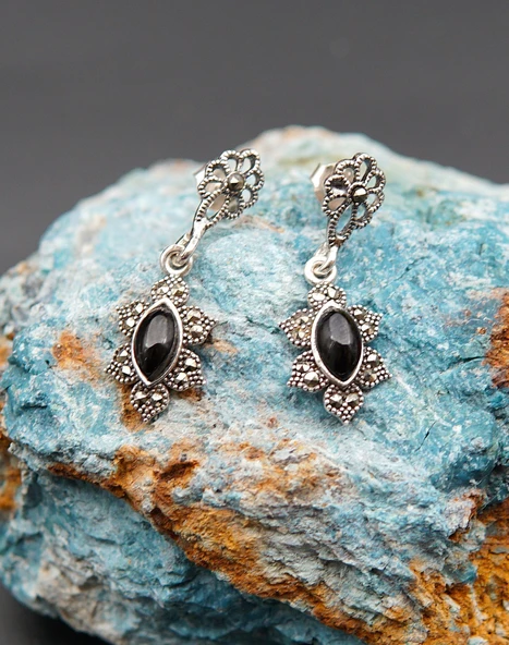 925 Ayar Gümüş Oltu Taşı Kadın Küpe skü00038 ürün görseli 1