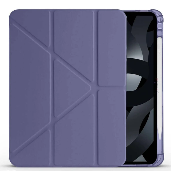 Apple iPad Air 10.9'' 2022/2020 Uyumlu Üçgen Katlanabilir Kalem Şarj Bölmeli Standlı Kılıf  Lavanta - Resim 3