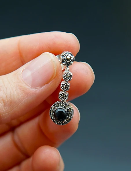 925 Ayar Gümüş Oltu Taşı Kadın Küpe skü00042 - Resim 2