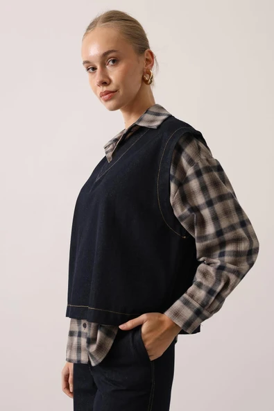 Kadın Denim İkili Takım V Yaka Kot Yelek ve Yüksek Bel Geniş Paça Pantolon Kot Takım - Resim 5