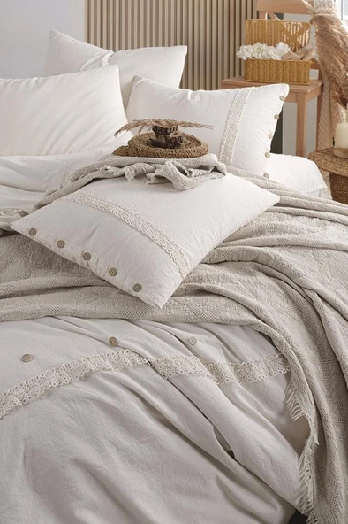 Grace 7 Parça %100 Pamuk Çift Kişilik Pikeli Nevresim Takımı Ekru - Resim 2