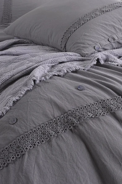 Grace 7 Parça %100 Pamuk Çift Kişilik Pikeli Nevresim Takımı Antrasit - Resim 2
