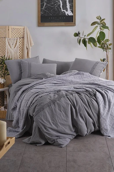 Grace 7 Parça %100 Pamuk Çift Kişilik Pikeli Nevresim Takımı Antrasit ürün görseli