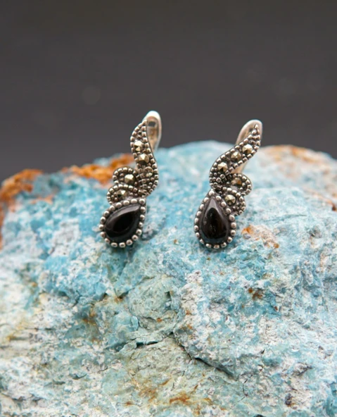 925 Ayar Gümüş Oltu Taşı Kadın Küpe skü00037 ürün görseli 1