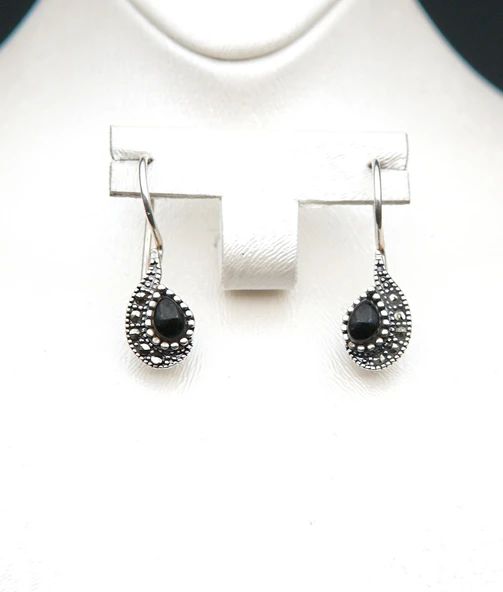 925 Ayar Gümüş Oltu Taşı Kadın Küpe skü00045 - Resim 3