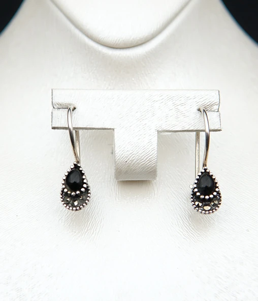 925 Ayar Gümüş Oltu Taşı Kadın Küpe skü00041 - Resim 2