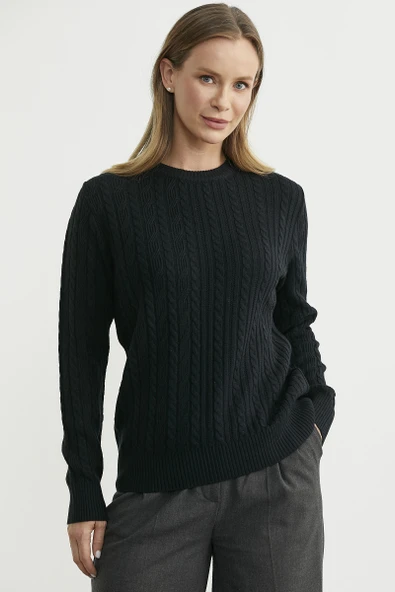 Sıfır Yaka Motif Detaylı Triko Kazak - Siyah ürün görseli 1