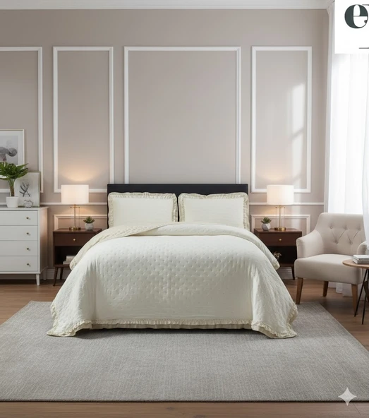 KAPİTONELİ YATAK ÖRTÜSÜ ÇİFT KİŞİLİK LİZBON KREM ürün görseli