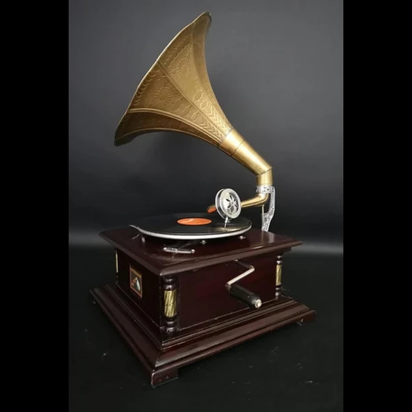 Gramofon Plakçalar Ahşap Kare Köşeleri Bronz İşli Kurmalı ASIG501 - Resim 3