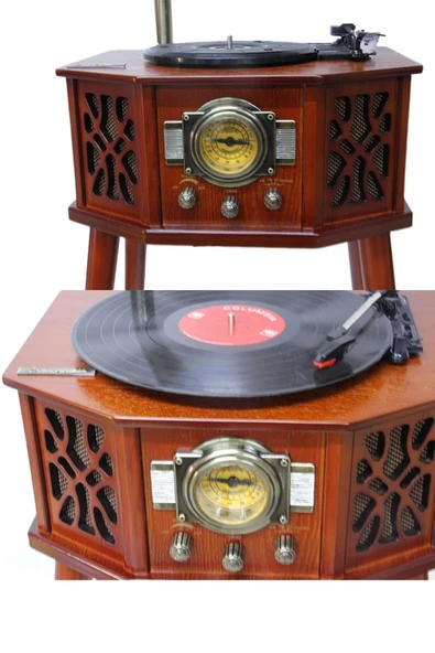 Gramofon Ahşap Standlı Pikap Plakçalar Radyo Bluetooth Usb 130cm CW003 - Resim 9