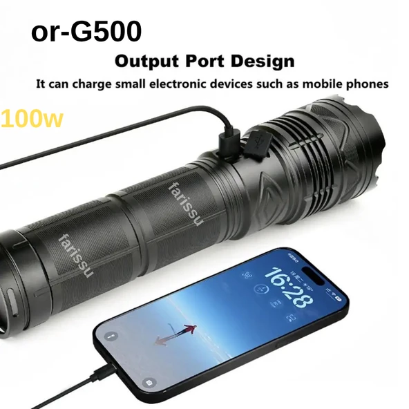 OR-G500 100W Ultra Güçlü Şarj Edilebilir El Feneri - Powerbank Özellikli, 1000 Metre Teleskopik Zoomlu - 2