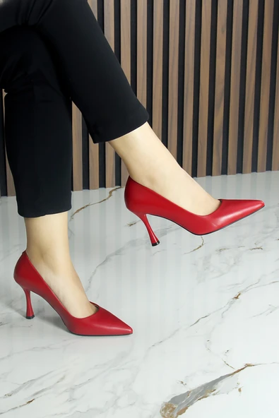 Erkan Saçmacı Suzanna Kırmızı Hakiki Dana Derisi Sivri Burun Klasik İnce Topuklu Ayakkabı - 3