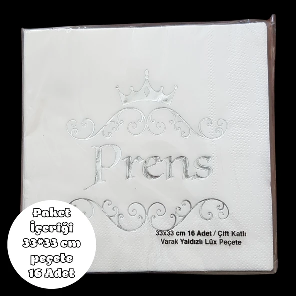 Prens Metalik Gümüş Baskılı Peçete 33*33 cm 16 Adet ürün görseli 1