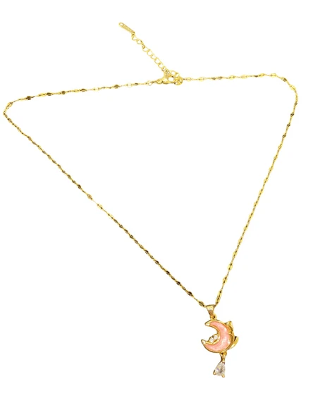 Altın Renk Parlak ve Şık Pembe Mine Taş 316L Çelik VIP Ay Model Kadın Kolye - Göz Alıcı Şık Tasarım ürün görseli 1