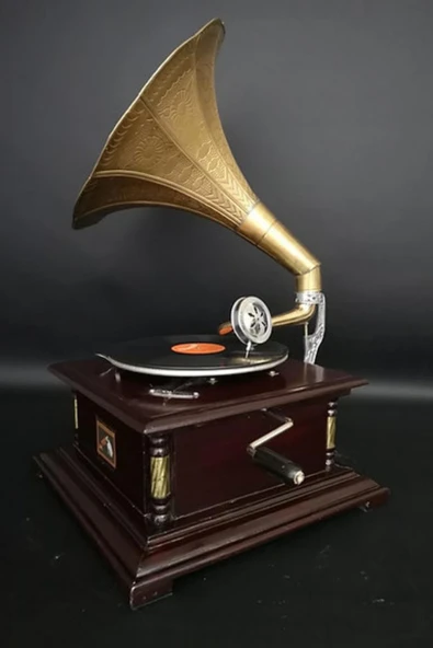 Gramofon Plakçalar Ahşap Kare Köşeleri Bronz İşli Kurmalı ASIG501 - Resim 8