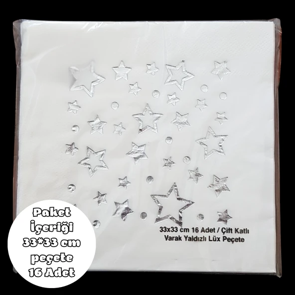 Beyaz Üzeri Gümüş Yıldız Baskılı Metalik Peçete 33*33 cm 16 Adet ürün görseli 1