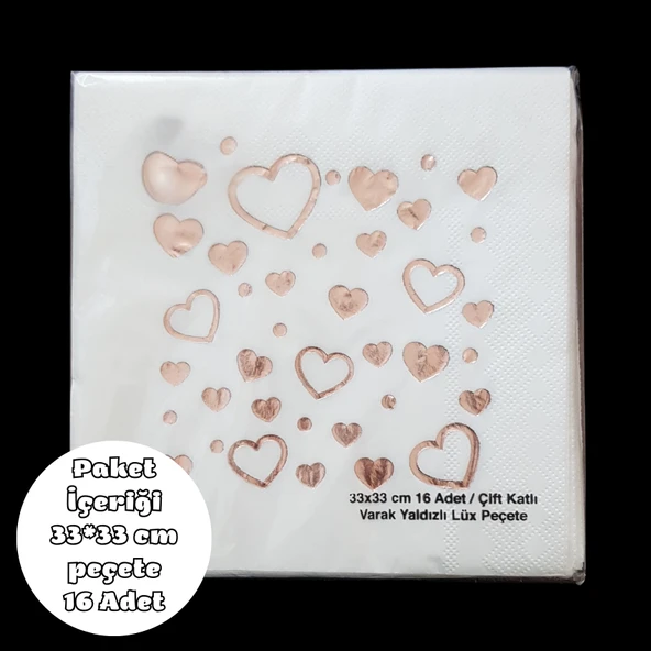 Beyaz Üzeri Rose Gold Kalp Baskılı Metalik Peçete 33*33 cm 16 Adet ürün görseli 1