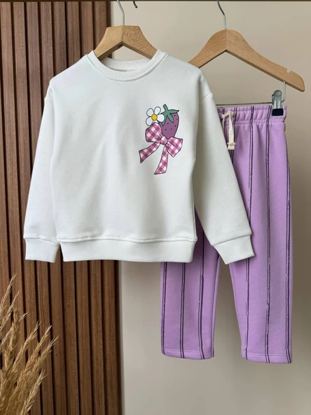 Cg Kids Mor Eşofman Detaylı Çilek baskı temalı Kız Çocuk 3 iplik Alt Üst Takım Süper Kalite Kumaş - 4