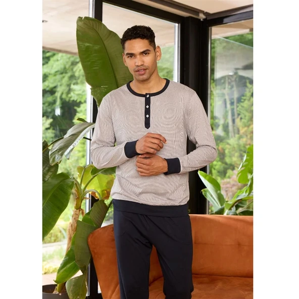 Kly Patlı Sıfır Yaka Paçası Bilekli Uzun Kol Erkek Pijama Takım ürün görseli