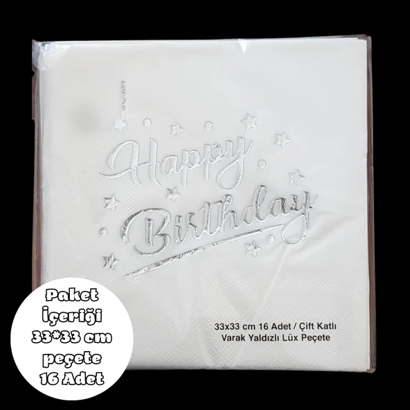 Happy Birhday Metalik Gümüş Baskılı Peçete 33*33 cm 16 Adet ürün görseli 1